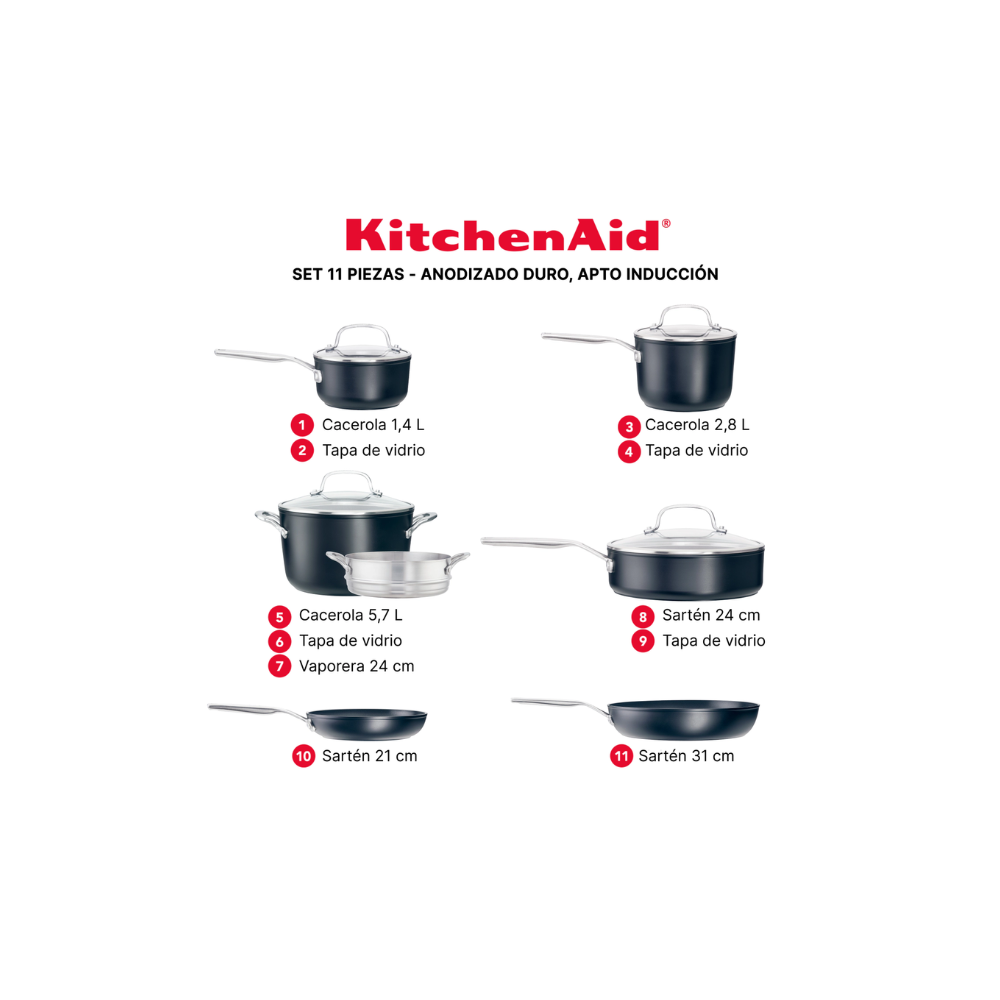 Batería de cocina Kitchenaid 80120 Antiadherente Inducción Anodizado Acero Inox 11 Piezas