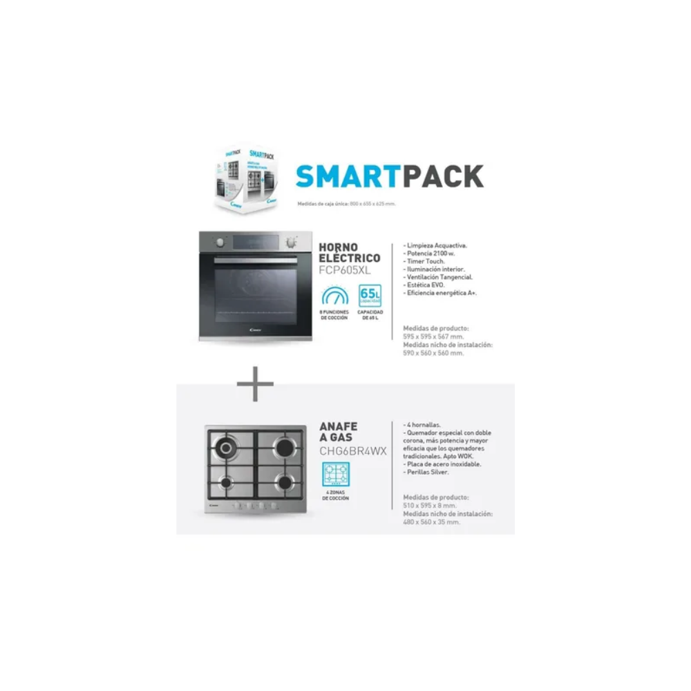 Combo CANDY FCP605-CHG6 FIDCX605L Horno 65 Lts Eléctrico Silver + CHG6BRWPX Anafe 60 Cm 4 Hornallas A Gas
