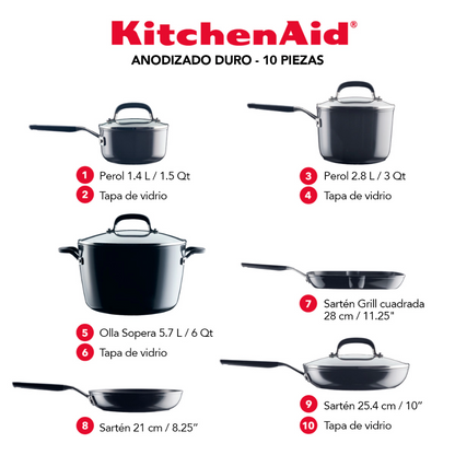 Batería De Cocina Kitchenaid 84800 Antiadherente Anodizado Duro 10 Piezas Negro Onyx