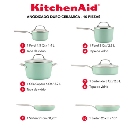Batería De Cocina KitchenAid 84820 Antiadherente Cerámico Anodizado Duro 10 Piezas Piezas