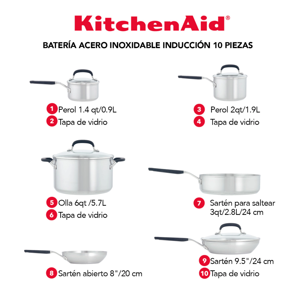 Batería De Cocina KitchenAid 71017 10 Piezas Inducción Acero Inox Gris