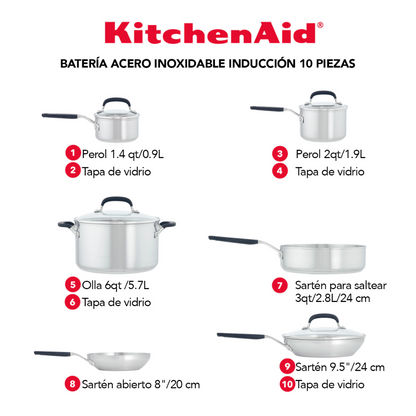 Batería De Cocina KitchenAid 71017 10 Piezas Inducción Acero Inox Gris