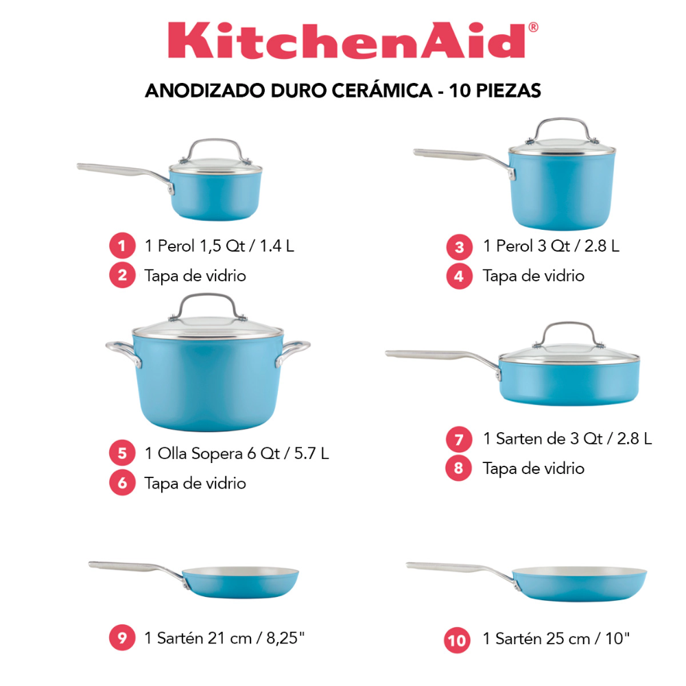 Batería De Cocina KitchenAid 84815 Antiadherente Cerámico Anodizado Duro 10 Piezas Azul