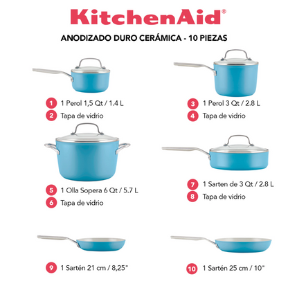 Batería De Cocina KitchenAid 84815 Antiadherente Cerámico Anodizado Duro 10 Piezas Azul