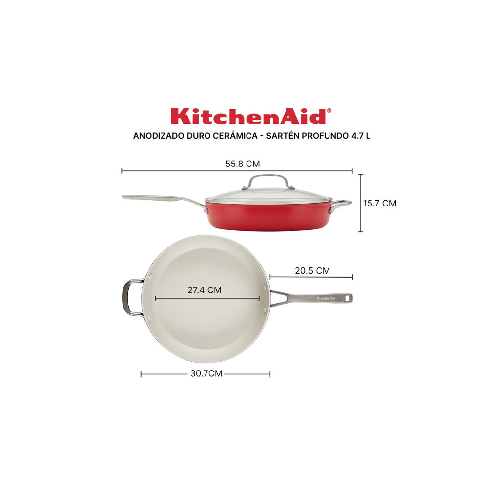 Sartén Kitchenaid 84849 C/Tapa Antiadherente Cerámico Anodizado Duro 4,7L Rojo (Tai)